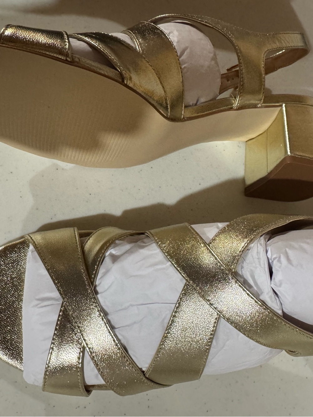Talbots Metallic Gold Crisscross Block Heel Sandals